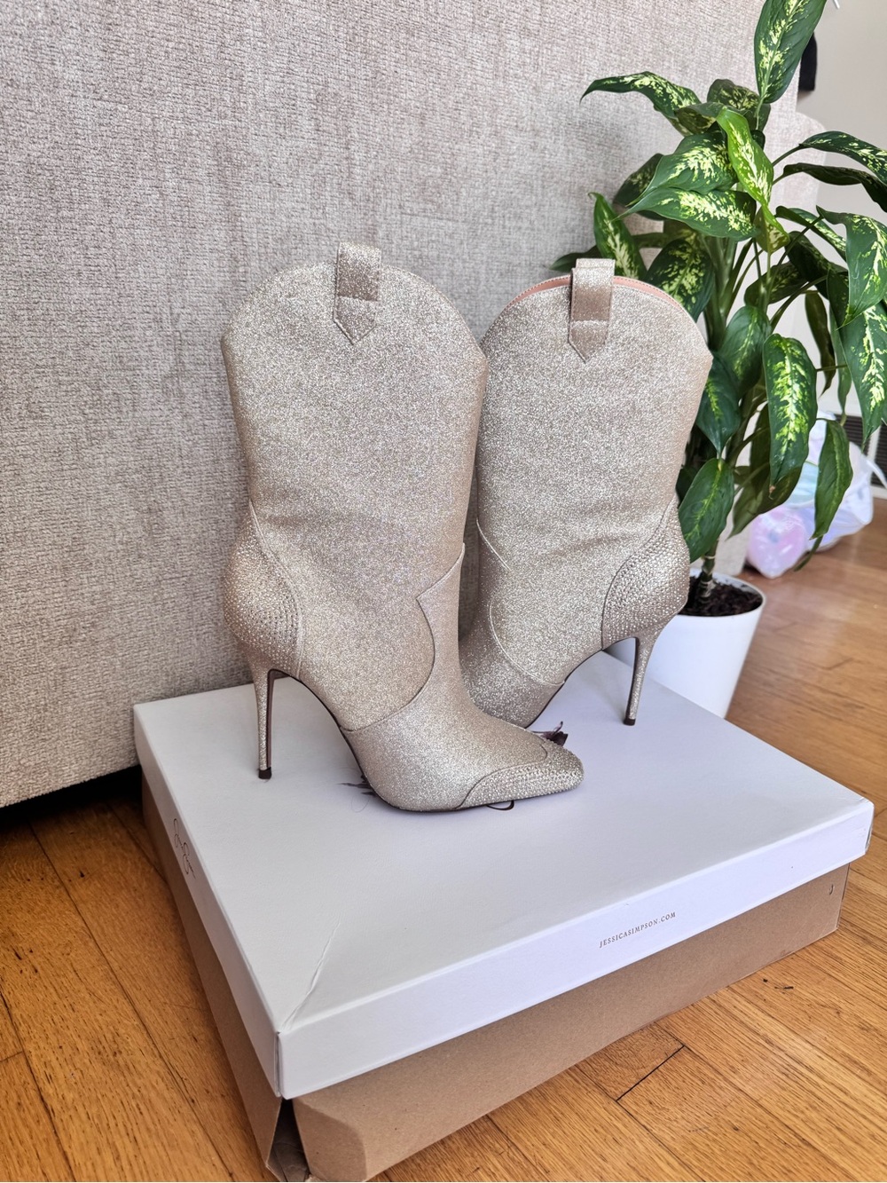 Jessica Simpson Sparkle Pointed-Toe Western Stiletto Boots in Champagne